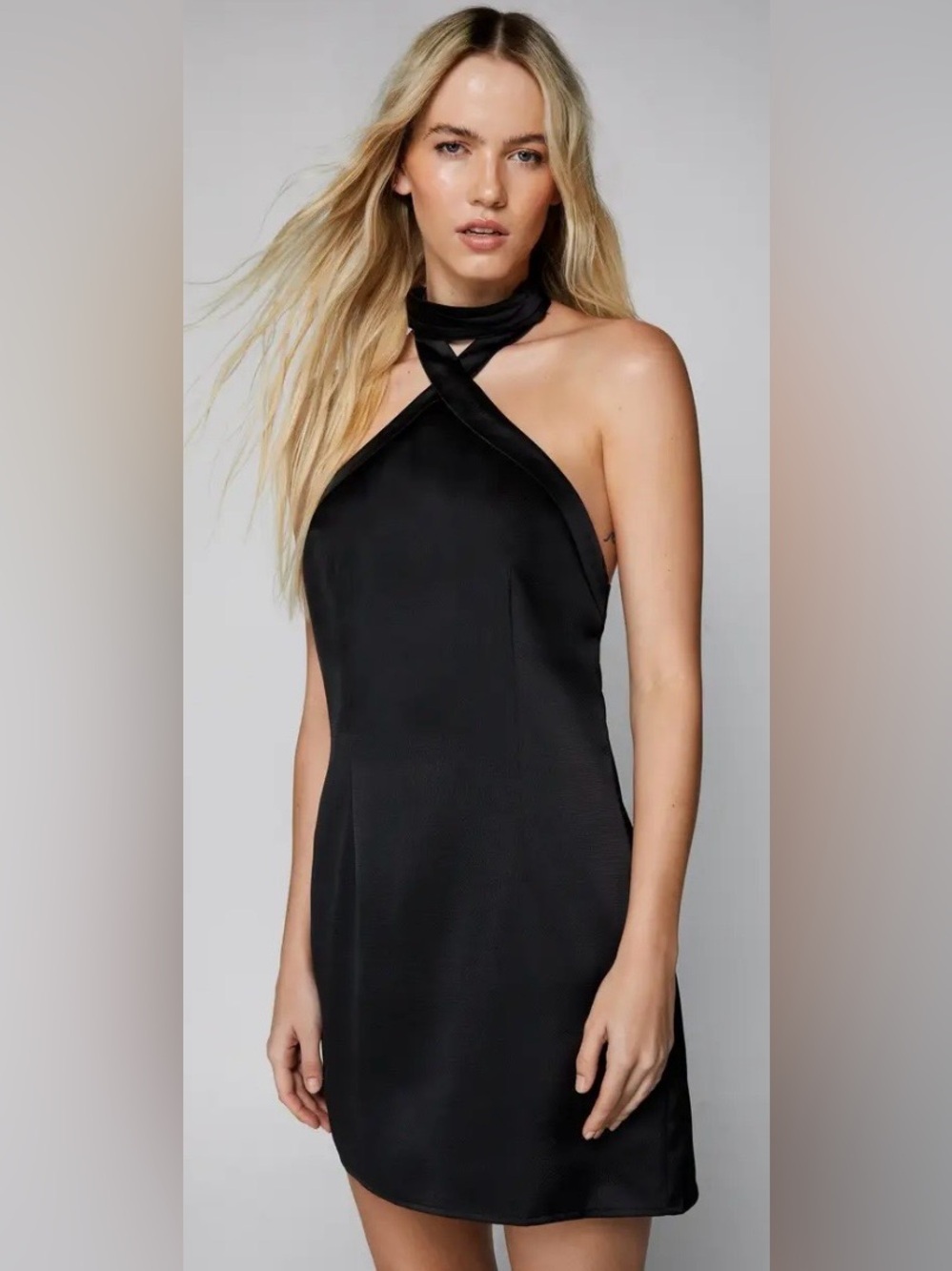 NWT Nasty Gal Satin Halter Tie Back Mini Dress Black US 10